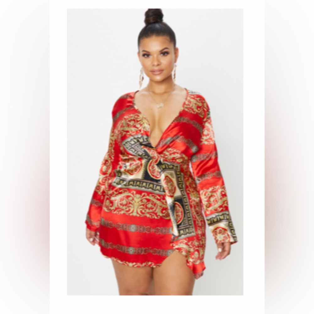 Red Printed Satin Long Sleeve Wrap Dress PLT